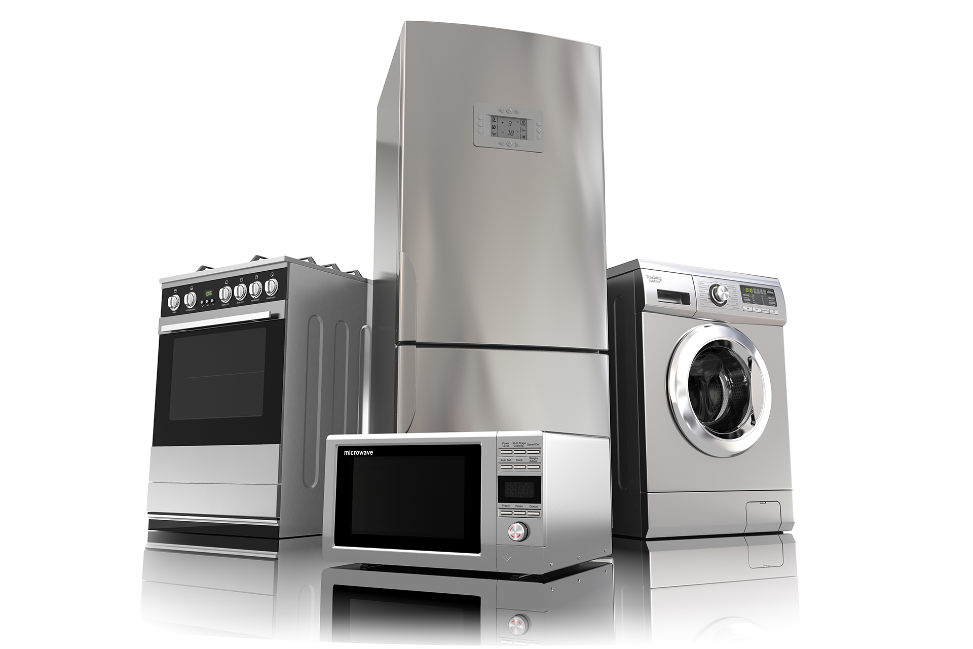 Different appliances next to each other with white background