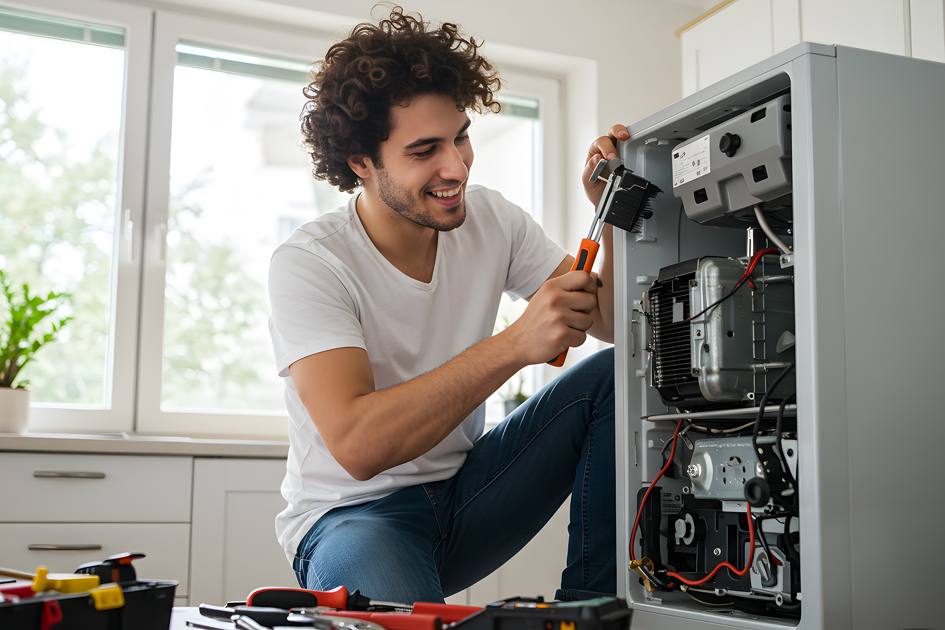 Technician repairing refrigerator